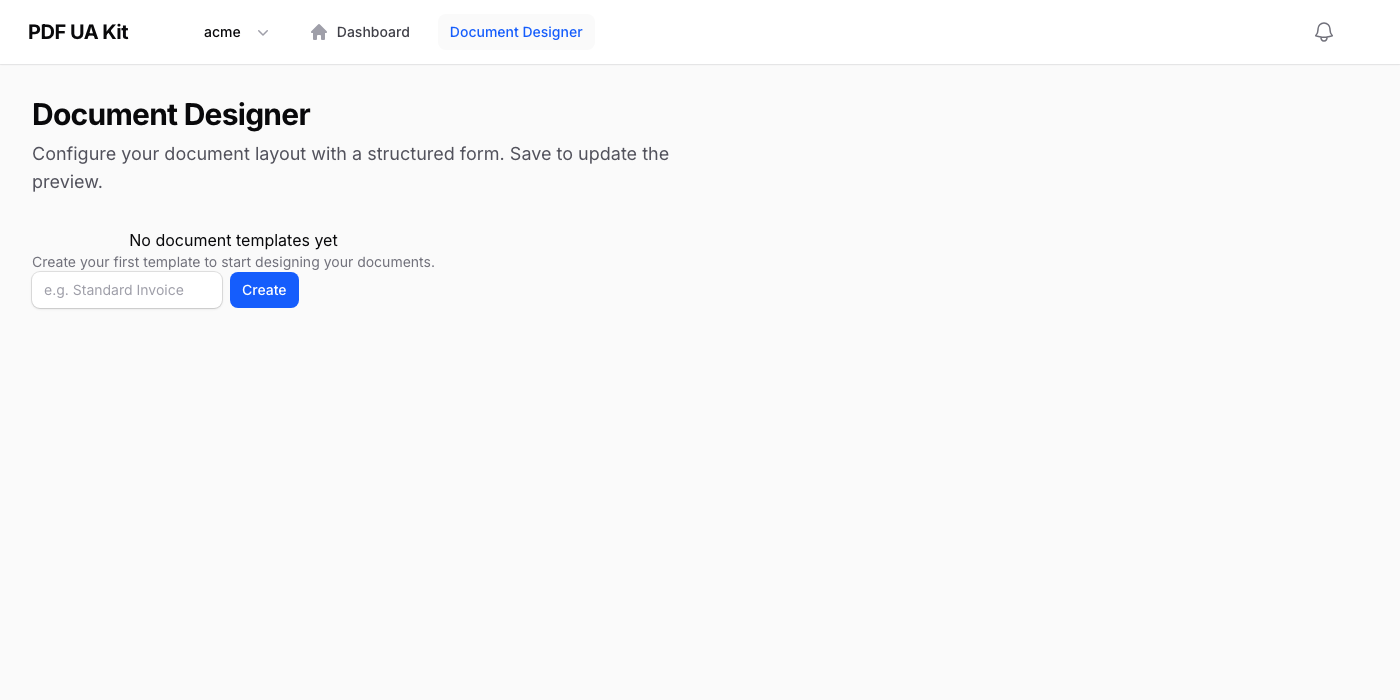 Leerer Zustand mit Aufforderung, die erste Dokumentvorlage zu erstellen