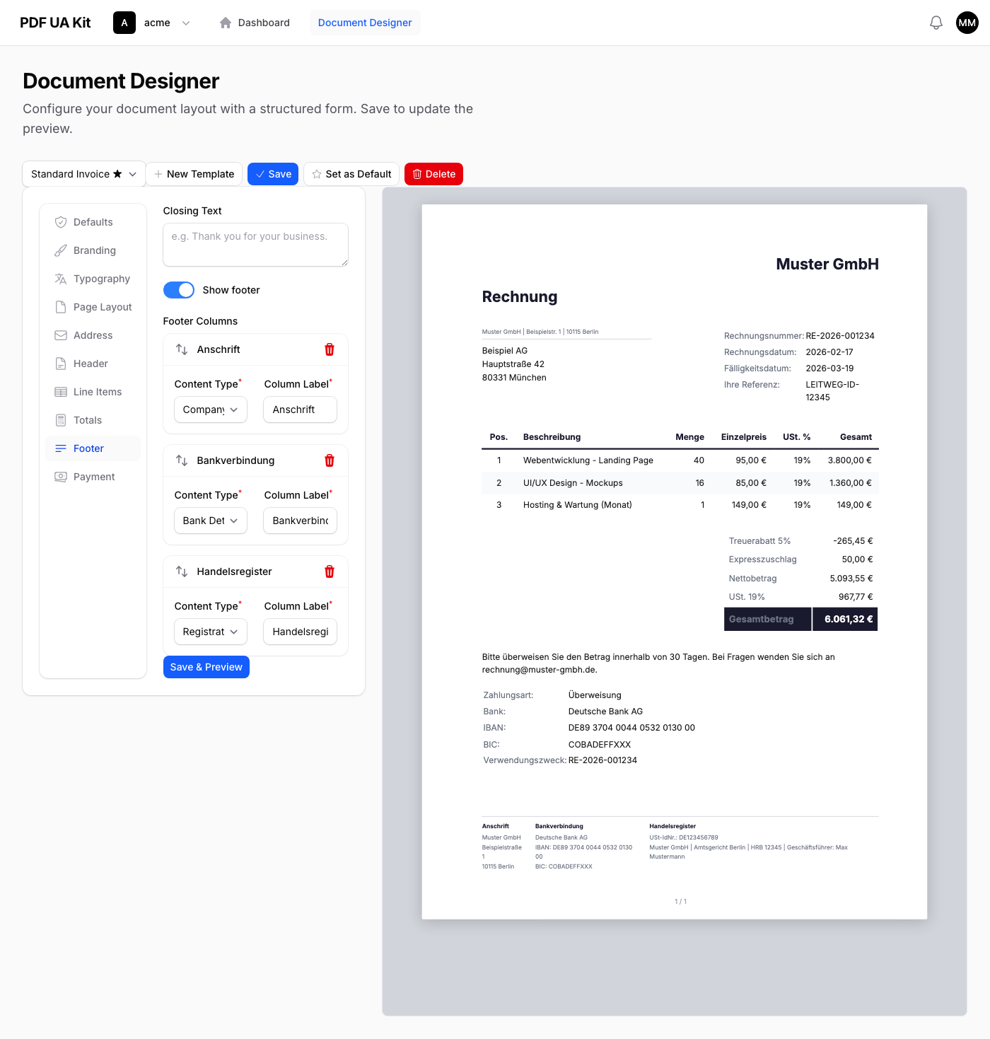 Fußzeilen-Tab mit Schlusstext, Fußzeilen-Toggle und Spaltenkonfiguration