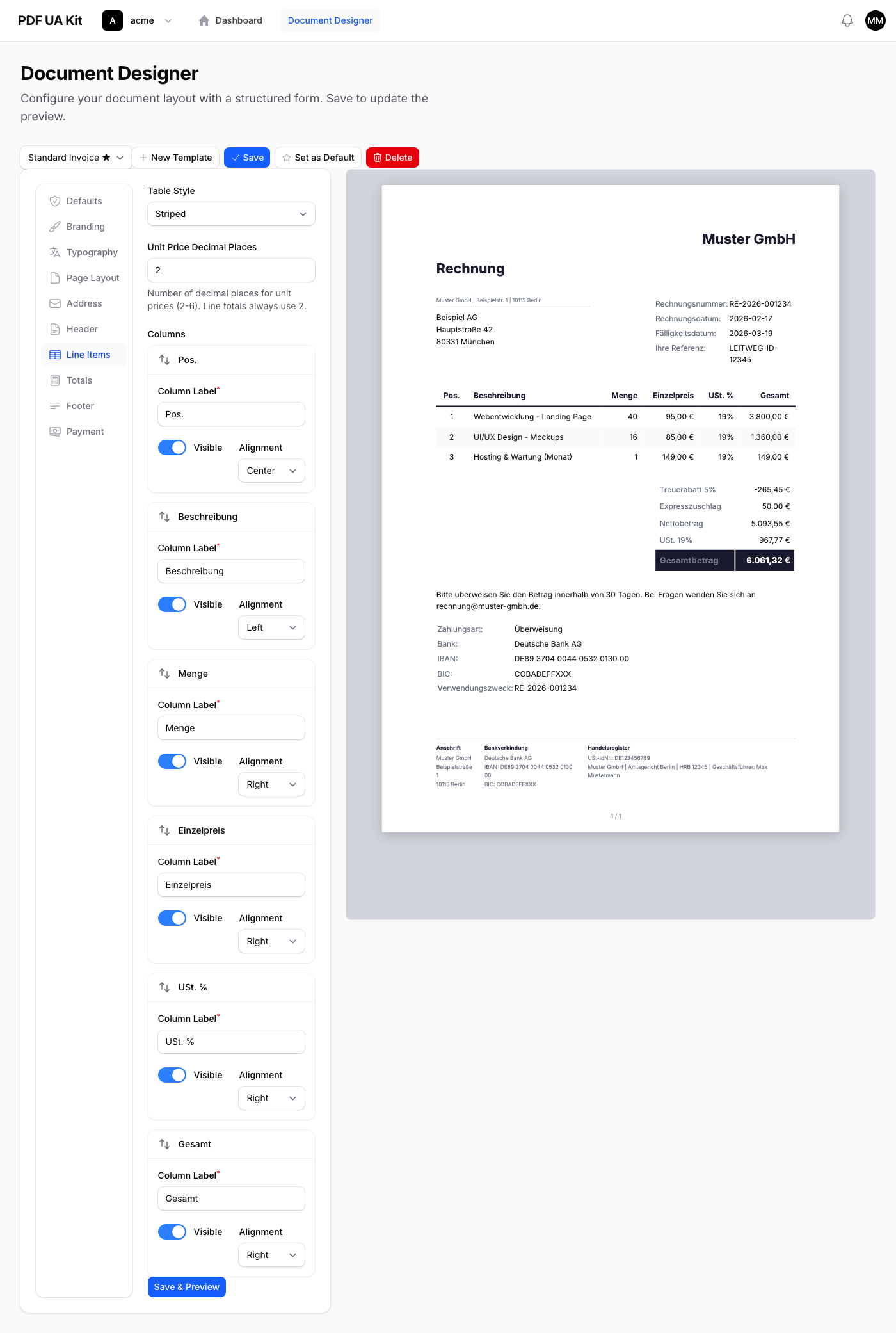 Positionen-Tab mit Tabellenstil, Spaltenkonfiguration, Sichtbarkeit und Ausrichtung