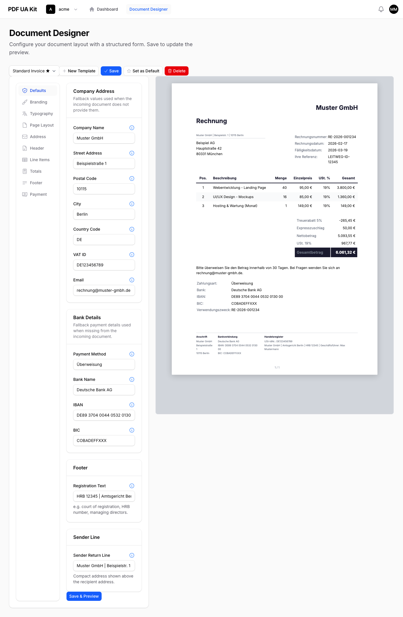 Document Designer mit dem Standardwerte-Tab, Formularfeldern links und einer Live-A4-Rechnungsvorschau rechts