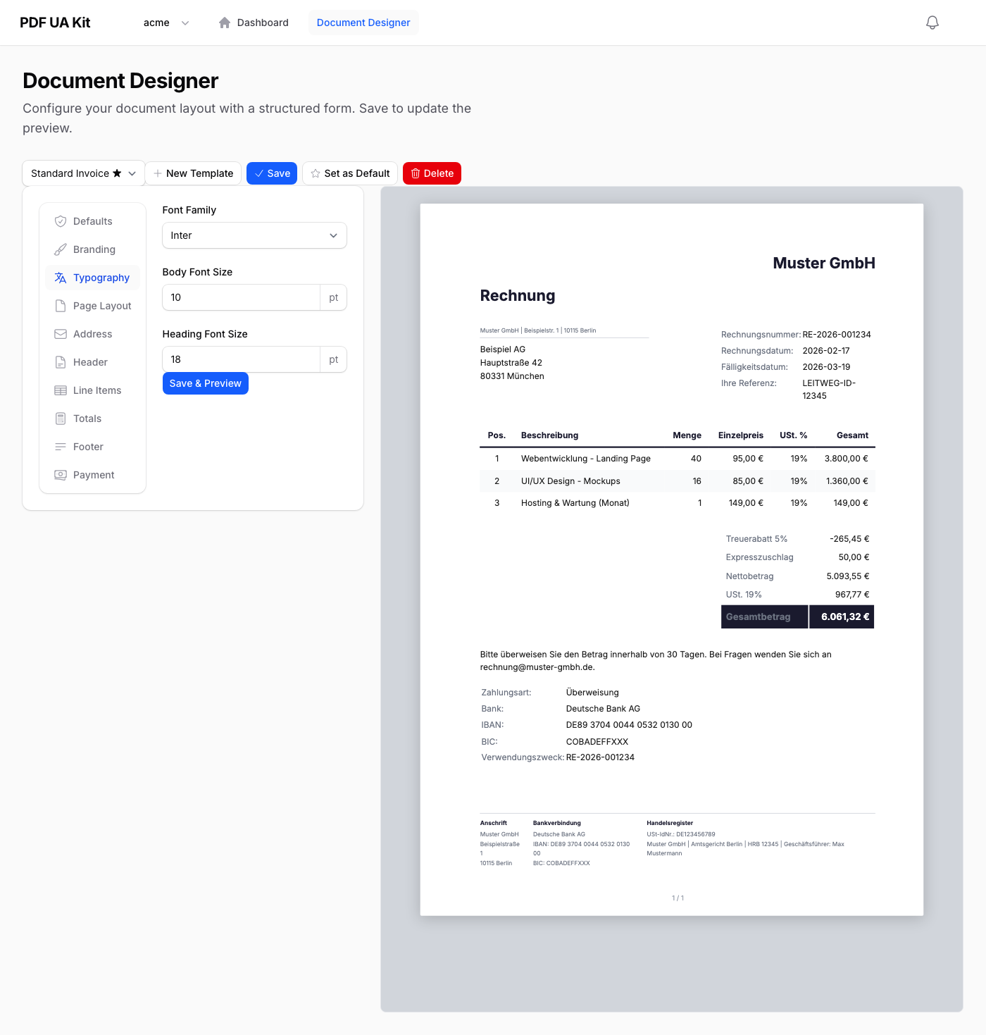 Typografie-Tab mit Schriftfamilie und Größeneinstellungen