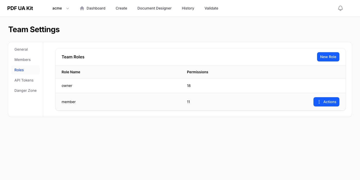 Rollentabelle mit verfügbaren Rollen und deren Berechtigungsanzahl
