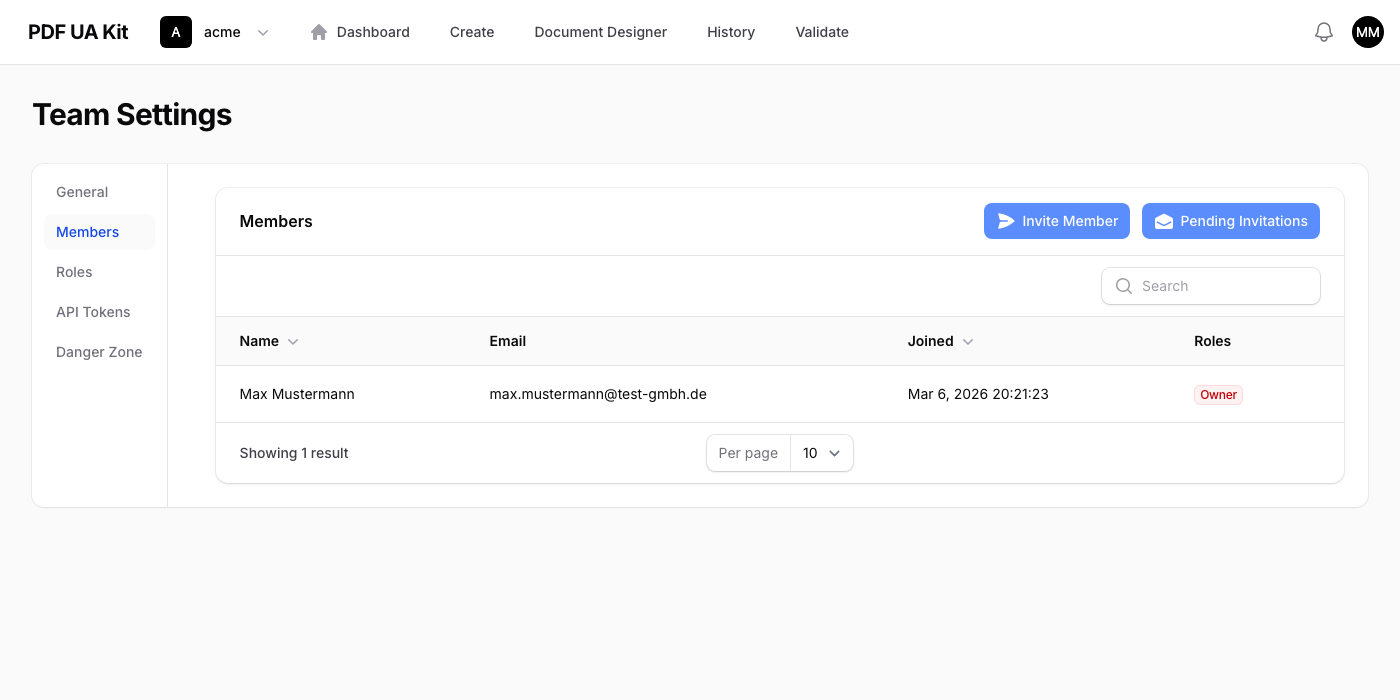 Einladungsmodal mit E-Mail-Eingabe und Rollenauswahl
