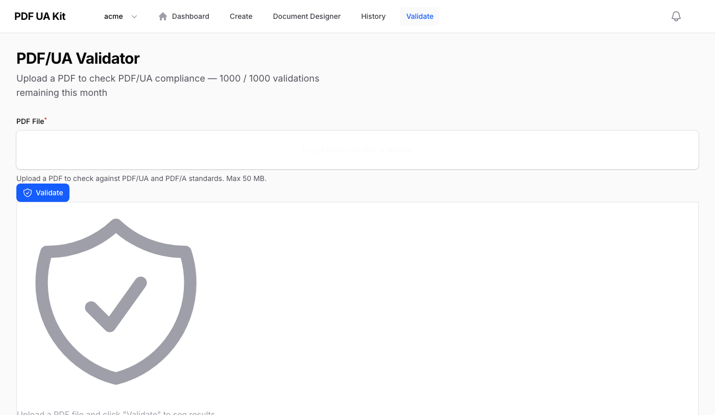 PDF UA Kit Validierungsseite mit Datei-Upload links und Konformitätsergebnissen rechts